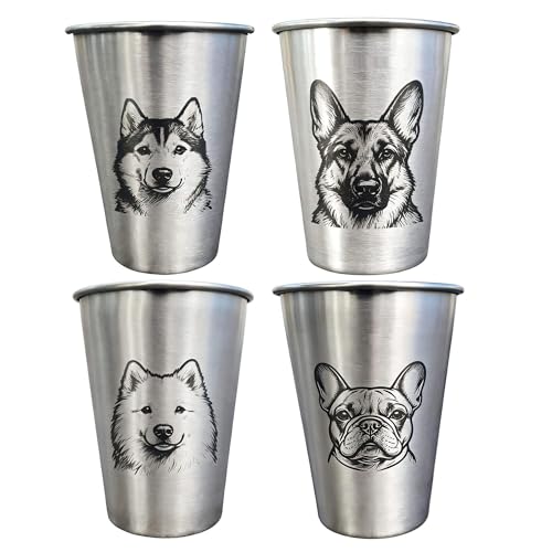 4 Pack 16oz Conical Stainless Steel Cups - Laser Engraved Animals, Stackable Durable Metal Cold Drink Cups for Parties & Outdoor Events (Siberian Husky/German Shepherd/Samoyed/French Bulldog) - color: Dog Set 3