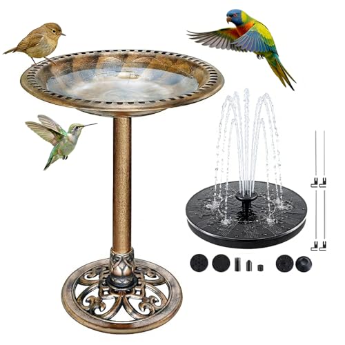 Bird Bath with Solar Fountain, 20in Copper Bowls for Outdoors Garden Yard | 100% Solar Auto-start Pump, 6 Spray Nozzles, Rustproof Plastic, Holds 1.58gal Water, Attracts Birds & Butterflies, 28in Tall - color: Copper Bird Bath