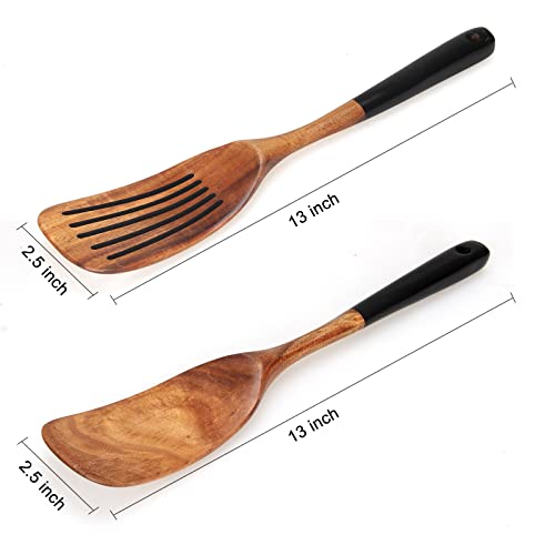 Wooden Spatula Set for Cooking Spoon Non Toxic Teak Kitchen Utensils Turner | Flat Wood Wok Spatula Bamboo Spoon for Cooking Utensil Set Spurtle Scraper Slotted Pancake Turner Fish Egg Flipper Spatulas - color: 2Pcs-Black