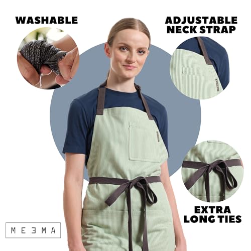 Chef Aprons for Women with Pockets, Adjustable Bib Aprons for Cooking - color: Sage Green Pinstriped