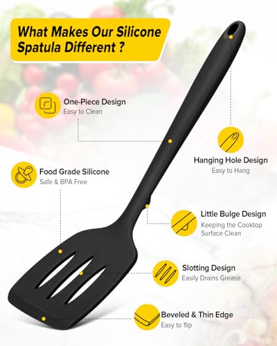 Pack of 2 Silicone Spatula Turners, Non Stick Slotted Kitchen Spatula Set, Heat Resistant BPA Free Kitchen Utensils, One-Piece Design, Suitable for Flipping Fish, Eggs, Steak, Pancakes(BLACK) - color: Black
