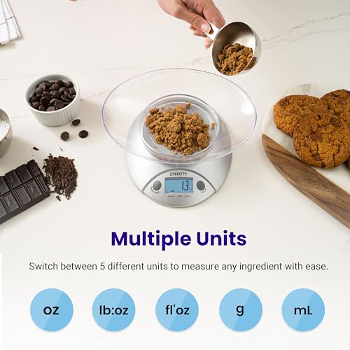 Etekcity Food Kitchen Scale with Bowl, 11lb/5kg, Grams and Ounces | Removable bowl with tare, backlit display, ideal for baking, meal prep, dieting and weight loss - color: Stainless Steel-Gray