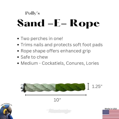 Polly's Sand-E-Rope Safety Bird Perch Toy-Trims Nails & Beak-Promotes Healthy Feet-Safe Non-Toxic-Bird Supplies for Bird Cages (Green, Medium) - color: Green, size: Medium