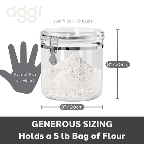 Oggi Jumbo Clear Canister with Clamp Lid, 150 oz - Airtight Food Storage Container, for Kitchen & Pantry Storage of Bulk, Dry Foods Including Pasta, Flour, Sugar, Coffee, Rice, Tea, Spices & Herbs - size: 150-Fluid Ounce