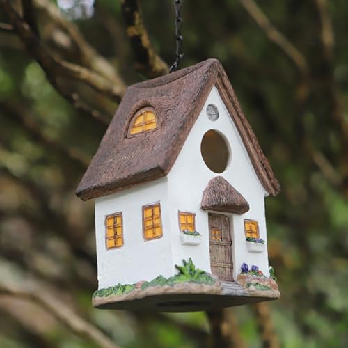 Bird Houses for Outside Outdoor Bird Houses, Hanging Resin Birdhouse for Bluebird, Hummingbird, Sparrow, Wren Finches, Chickadee, Gifts for Bird Lovers,Garden Decorations - color: White