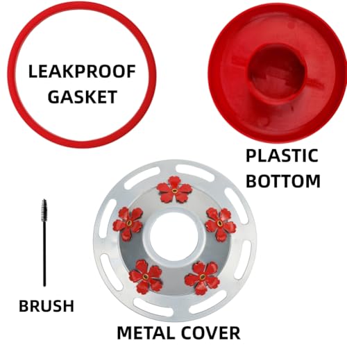 WOSIBO Hummingbird Feeder Replacement Bottom Base Replacement Part Includes Red Plastic Base Metal Top and Brushes (Silver-2) - color: Silver-2