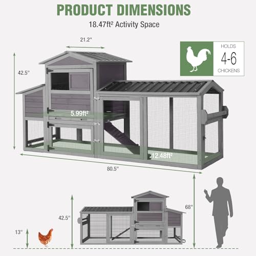 Mobile Chicken Coop with Wheels for 4-6 Chickens, Large Wooden Hen House Expandable Duck Cage with Run, 2 Nesting Boxes, Easy Clean Pull-Out Tray, Waterproof Asphalt Roof (Grey) - size: 80.6"L x 26.6"W x 42.4"H