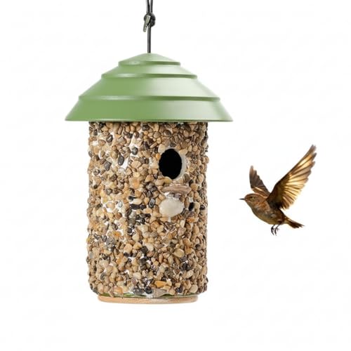 CEDAR ALPHA River Pebble Bird House for Outside - Composite Roof – Decorative Nesting Box for Bluebirds,Wrens, Finches, Chickee – Weather-Resistant Hanging, 10 Years Outdoor Lasting (Green) - color: Green Roof