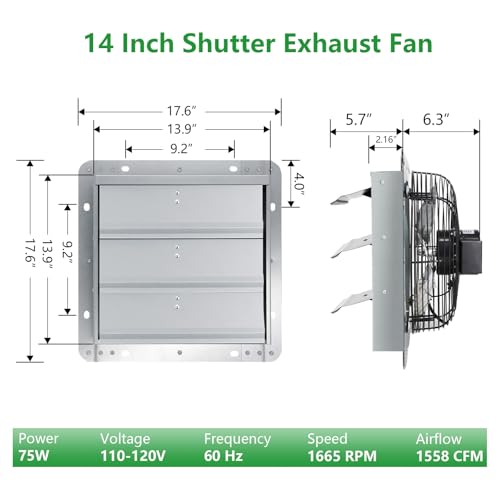 Shutter Exhaust Fan with Thermostat & Speed Control, 1558 CFM,1665 RPM, Upgrade 14 inch Wall Mount Attic Vent Fan for Chicken Coops, Greenhouse, Gable, Barn, Garage, Shed Ventilator - color: With Speed Control & Thermostat, size: 14inch