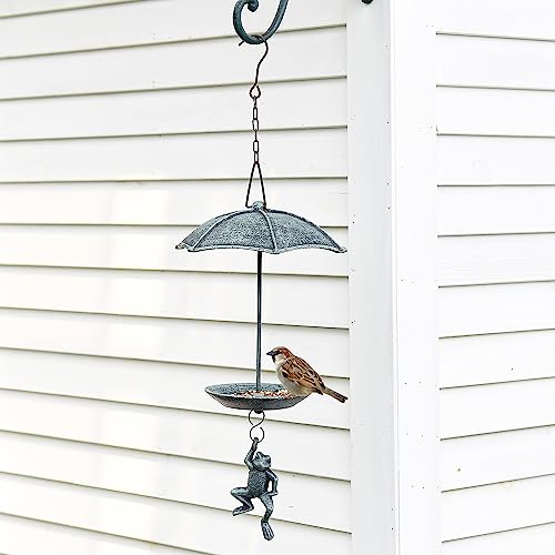 Sungmor Cast Iron Hanging Bird Feeder, Vintage Green Frog Skydiving Design | Waterproof Cast Iron Bird Bath, An Excellent Addition to Any Garden Decor