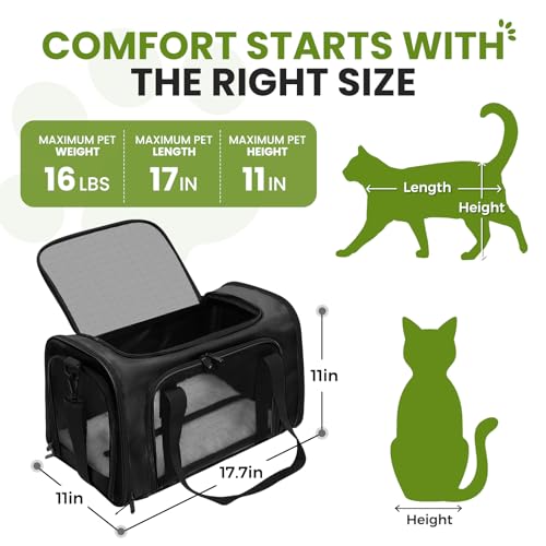 Soft-Sided Cat Carrier 18x11x11 in Expandable Travel Pet Bag 15LBS | For Cats and Small Dogs with Anti-Scratch Mesh Washable Mat Collapsible Escape-Proof Airline Approved with Shoulder Strap - color: Black, size: 11.0"L x 11.0"W x 18.0"H