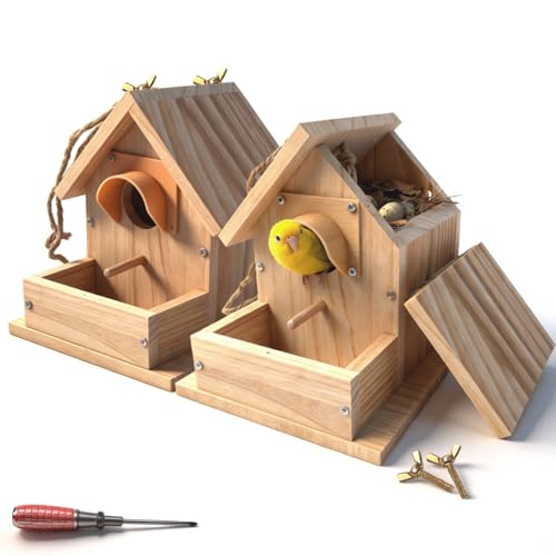 Bluebird Houses for Outside with Pole, Cedar Wooden Bird Houses to Paint for Finch Bluebird Cardinals, Hanging Birdhouses W/Rain Awning Kits for Outdoors (DIY Detachable, 2 Pack) - style: 2pcs Bird House