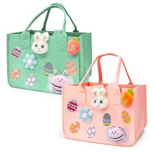 PARSUP 2PCS Happy Easter Egg Hunt Bunny Gift Treat Bags with Handles, Felt Easter Bags for Gifts Wrapping, Egg Hunt Game, Party Supplies, 12" x7.8" x6.8"(Pink + Green)