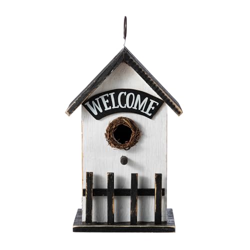 Glitzhome Bird Houses for Outside, Birdhouses for Outdoors, 11" H Washed White Solid Wood Bird Houses Fence Garden Hanging Birdhouses for Bluebird Swallow Sparrow Hummingbird Finch Cardinals - color: 11"H White