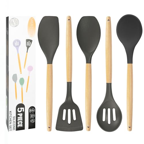 Non-Stick Silicone Cooking Utensils Set, 5 Pcs with Wooden Handle, Heat Resistant Silicone Kitchen Gadgets (Gray) - color: 5 PCS Set Grey