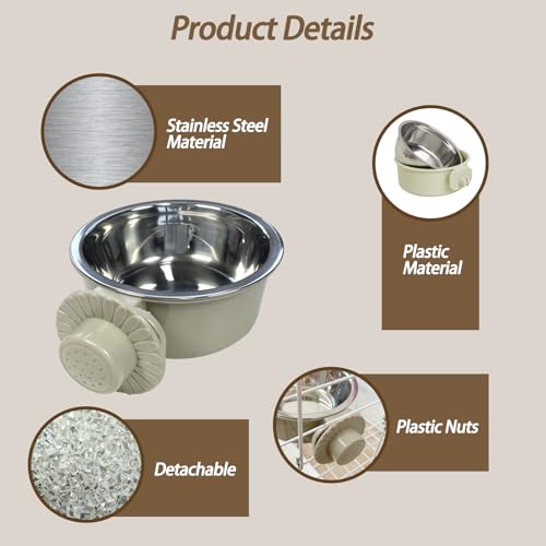 3 Pcs Crate Dog Bowl,Lightweight Stainless Steel Pet Bowls,Kennel Feeder | Removable Kennel Hanging Food Water Feeder No Spilll, Cage Coop Cup for Puppy Cat Rabbit Bunny Ferret Birds Guinea Pigs - size: 3pcs