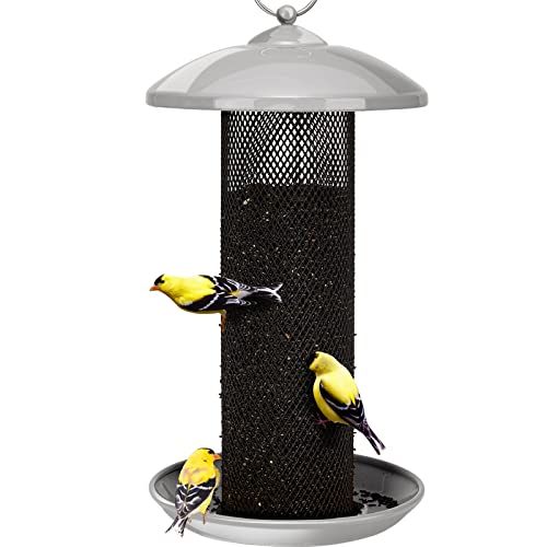 Kingsyard Finch Feeders for Outdoors Hanging, Metal Mesh Tube Bird Feeder for Nyjer/Thistle Seed, 2.5 lbs Large Capacity (Grey) - color: Gray