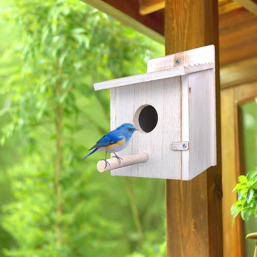 Wooden Bird House for Outside with Perch - Weatherproof Hanging Birdhouse for Finches, Bluebirds, Cardinals - Outdoor Garden Birdhouse with Easy Clean Design - color: White