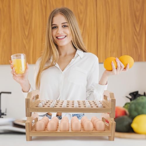 Bamboo Egg Holder 24 Pcs Eggs Rack Countertop Storage, Surface Paint & Handle Design for Kitchen Fresh Egg Holder Countertop and Fridge Egg Organizer - style: Farmhouse 24Pcs