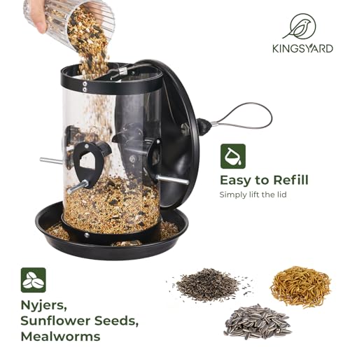 Kingsyard Large Metal Bird Feeder for Outdoors Hanging, Tube Bird Feeders | Squirrel Chew Proof, 4 1/2 Cups Capacity, 8 Ports, 360° Seed Tray, Weatherproof, Easy to Clean & Refill, For Cardinal, Black