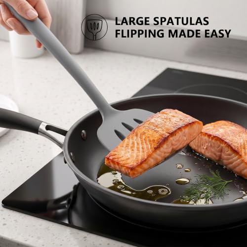 Coukre 3 Pack Silicone Spatula Set, Heat Resistant to 500°F, BPA-Free | Fish Spatula, Solid & Slotted Turners, Dishwasher Safe, Spatula Set for Eggs, Pancakes, Fish & Burgers, PureGray - color: PureGray