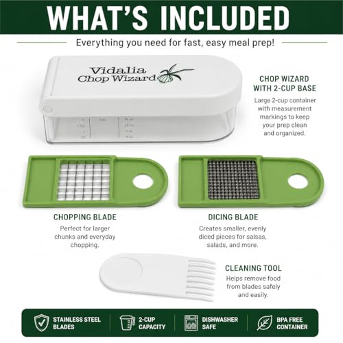 Vidalia Chop Wizard Vegetable Chopper – Original As Seen On TV Food Dicer with 2 Stainless Steel Blades, Large 2-Cup Container, Cleaning Tool, Dishwasher Safe Onion & Vegetable and Fruit Cutter | Original As Seen On TV, 2 Stainless Steel Blades, Large 2-C