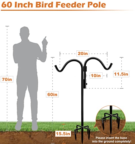 60 Inch Double Shepherds Hook for Outdoor with 5 Prong Base | Adjustable Heavy Duty Bird Feeder Pole for Hanging Flower Basket, Plant Hanger, Solar Light Lanterns, Black - size: 60in-1pcs
