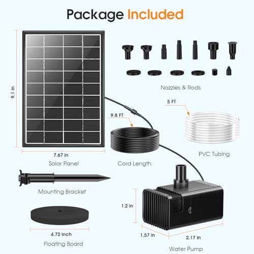 Antfraer Solar Fountain Pump 7W, Solar Water fountain for Bird Bath with Dry-Run Protection, Double-Layer Nozzles & 5Ft PVC Tubing for Bird Bath Small Pond Waterfall DIY Features - size: 6.5W