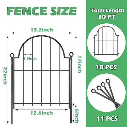 Blingluck Decorative Garden Fence, 17in(H) x 10.8ft(L), with Ground Stake | Arched Rustproof Metal No Dig Garden Fencing Border, Animal Barrier Fence for Rabbit Dog, Outdoor Edging for Yard Flower Bed - color: Black, size: 17 in(H)