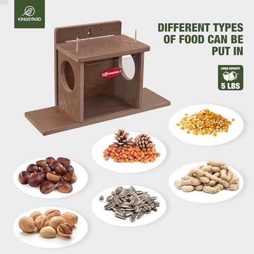 Kingsyard Squirrel Feeder Box for Outside, Recycled Plastic Squirrel Feeder Box with Corn Cob Holders, Easy to Refill & Clean, Weather-Proof (Brown) | Recycled Plastic, Corn Cob Holders, Extended Side Platform, Easy to Refill & Clean, Weatherproof Roof, B