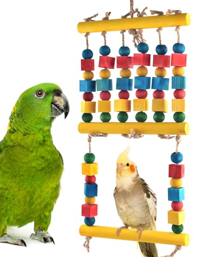 DBNESS Bird Toys, Parrot Chew Swing Toy with Perches Stand, Hanging Colorful Wood Block Bird Cage Accessories for Small to Medium Quaker African Grey Budgie Cockatiels Amazon Parrots