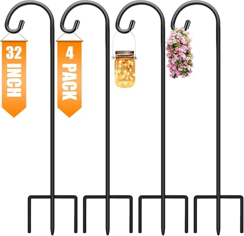 Gtongoko 32 Inch Shepherd Hooks for Outdoor 4 Pack, Adjustable Garden Hooks for Hanging Plants, Lanterns, Solar Lights, Mason Jars & Wedding Decor, Matte Black Decorative Shepherd’s Hooks