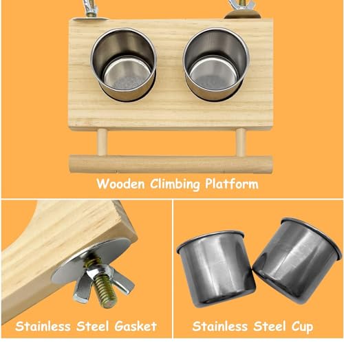 Tfwadmx Bird Feeding Dish Cups with Wooden Platform Hanging Stainless Steel Parrot Cage Feeder Bowl Wood Perch Stand for Parakeet Cockatiels Lovebirds Budgie (Small) - size: Log Perch