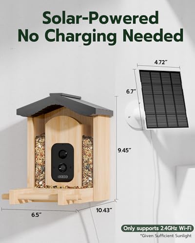 Bird Feeder with Camera, Smart Bird Feeder for Outdoors, Wild Birds Feeders with Solar Panel Bamboo Birds House Camera for Birdlovers, AI Auto Capture Birds & Real-time Notification (Gable)