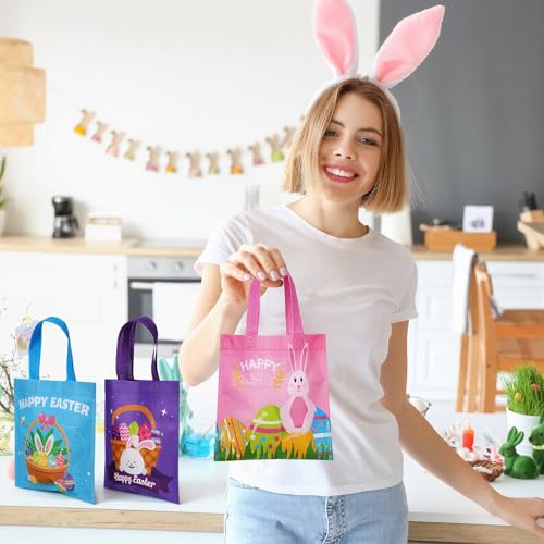 Sweetude 180 Pcs Easter Tote Bags Bulk Easter Gift Treat Bags with Handles Reusable Non Woven Bunny Rabbit Egg Goodie Party Favor Packages for Party Supplies