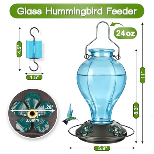 Glass Hummingbird Feeders for Outdoors Hanging, 24oz Wild Bird Nectar Feeder with Ant Moat and 360° Perch, Bee-Resistant Ports,Outside Garden Decor,Colorful Gifts for Women Mom, 1 Pack, Blue - color: Blue