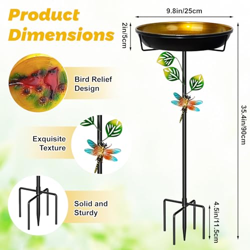 Bird Bath for Outside, Outdoor Metal Birdbath with 5-Prong Stake | 35.4In Height, Adjustable Height, Rust Resistant Finish, Easy Assembly, Shallow Bowl Design, Lawn Patio Decor Gift - color: Orange-yellow