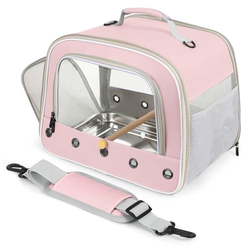 Bird Travel Carrier Cage for Medium Parrot, Portable Bag with Metal Tray to Carry and Transport Medium and Large Birds Like African Grey, Long Tail Cockatiel (Pink, Large Carrier) - color: Pink