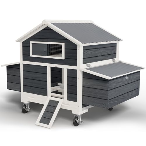 Large Chicken Coop with Wheels, Waterproof Outdoor Hen House for 6-8 Chickens, Movable Chicken House with Two Nesting Box, Removable Tray, PVC Cover, Wooden Duck Coop Rabbit Hutch(Black) - size: 61.0"L x 33.0"W x 58.0"H