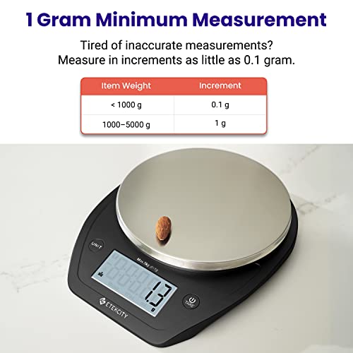 Etekcity 0.1g Food Scale, Bowl, Digital Grams and Ounces for Weight Loss, Dieting, Baking, Cooking, and Meal Prep, 11lb/5kg, Stainless Steel Black | 11lb/5kg capacity with tare, removable bowl, ideal for baking, coffee, meal prep and portion control, Stai