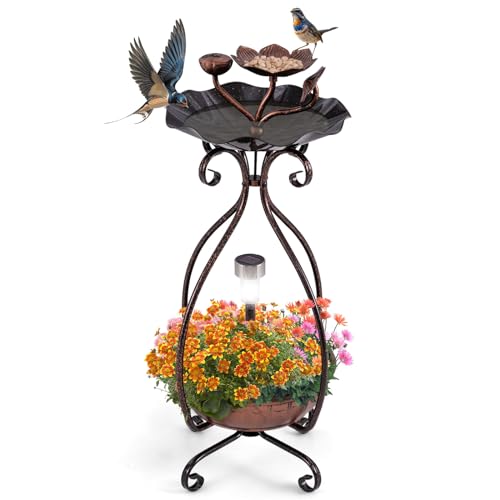 Giantex Bird Bath with Planter - Solar Lighted Bird Bath for Outside with Bird Feeder, Lotus Water Bowl for Bathing, Flower Planter with Drainage Holes, Standing Birdbath for Garden Yard (Bronze) - color: Bronze