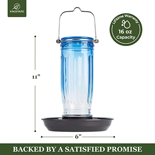 Kingsyard Glass Bird Water Feeder for Outdoors, Hanging Bird Waterer | 16 oz Capacity, 360 Degree Perch, Wide-Mouth Opening, Metal Hanging Hook & Base, Easy to Clean & Refill, Blue