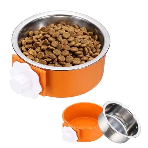 Crate Dog Bowl, Removable Stainless Steel Pet Cage Hanging Anti-Overturn Food Water Feeder Cage Cup (Round, Orange, 13.2oz), Intended for Puppies/Cat/Rabbit/Bird - color: Orange, size: 5.1"(13.2oz)