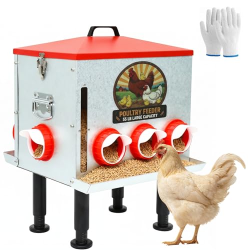 55LB Automatic Chicken Feeder Large for Chickens, Ducks and Poultry | Large Poultry Feeder, with 8 Feeding Ports, Viewing Window, Rainproof Lid, Adjustable Legs & Locking Cover