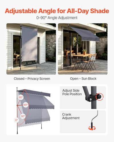 VEVOR Manual Retractable Awning, 59" x 59" Outdoor Patio Awnings Sunshade Shelter with 43"-59" Retractable Side Bar, No Drill Height Adjustable, Crank Handle for Backyard, Balcony, Dark Gray - size: 59x59 in