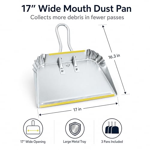 3-Pack 17" Heavy Duty Metal Dust Pans | Wide Dustpans for Household, Easy to Assemble - size: 3 Count (Pack of 1)