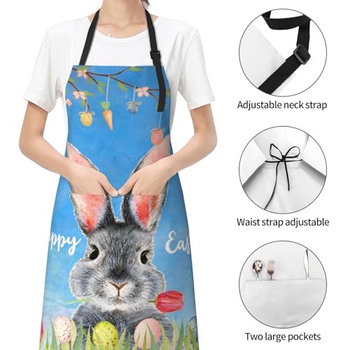 Happy Easter Welcome Rabbit Egg Tree Spring Floral Tulip Farmhouse Funny Bbq Adjustable Apron For Women Men Birthday Gifts Grilling Cooking Master Chef Bib 2 Pockets
