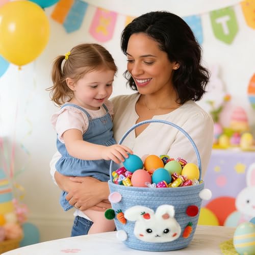 Easter Bunny Baskets for Kids, Baby Easter Empty Egg Basket with Handle, Woven Rope Cute Treasure Egg Hunt Baskets for Boys Girls Toddler, Easter Gifts, Blue - color: Blue