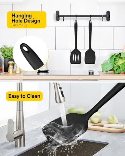 Pack of 2 Silicone Spatula Turners, Non Stick Slotted Kitchen Spatula Set, Heat Resistant BPA Free Kitchen Utensils, One-Piece Design, Suitable for Flipping Fish, Eggs, Steak, Pancakes(BLACK) - color: Black