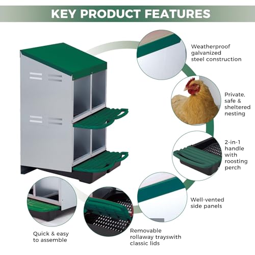 4 Hole Chicken Nesting Boxes, Weatherproof Galvanized Steel Chicken Egg Laying Box with Automatic Rollout Egg Collection, 2-in-1 Handle Perch, Easy Clean & Quick Assemble for Chicken Coop - color: Green, size: 4 holes 2 layers